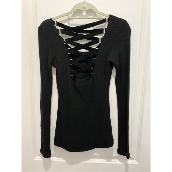 Sky Brand Sweater Small Black Suede Feel Cross Cross Straps On Back NWT - Picture 4 of 8